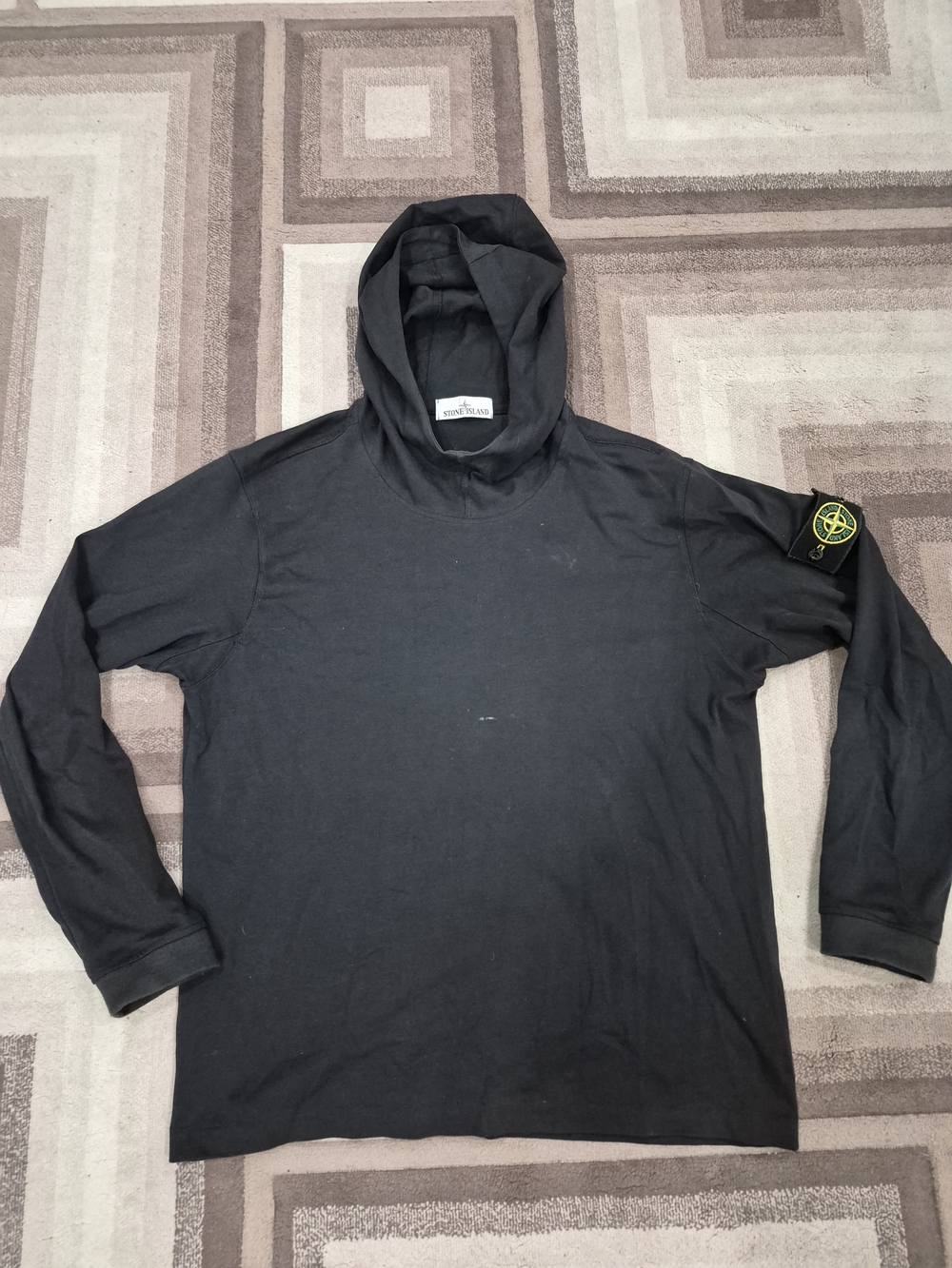 Stone Island Black Hooded Used Long-Sleeve Shirt Size Small